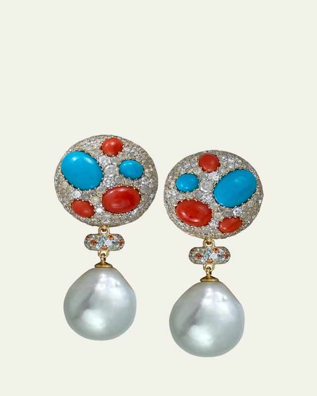 Coral, Turquoise, Diamond, Multi-Stone, and Pearl Drop Earrings